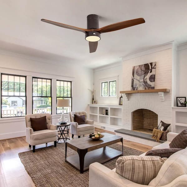 52 in. LED Indoor/Outdoor Flush Mount Coffee Ceiling Fan with 3-Wood Blades, 6-Speed DC Remote Control