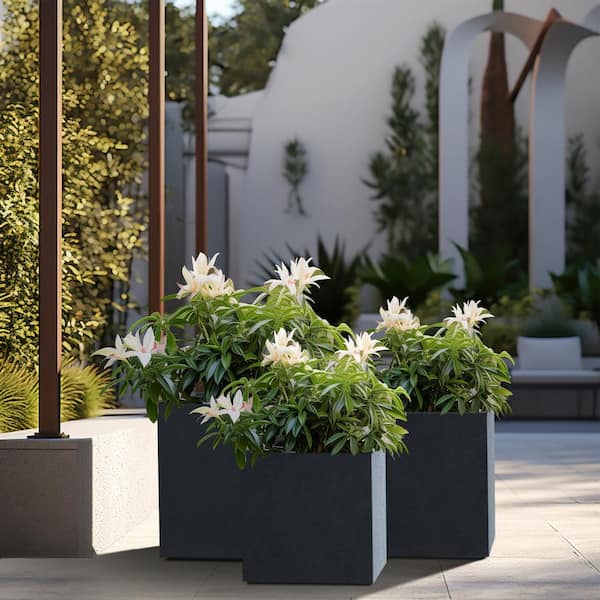 Sapcrete Modern 10in., 12in., 16in. High Large Tall Square Granite Gray Outdoor Cement Planter Plant Pots Set of 3