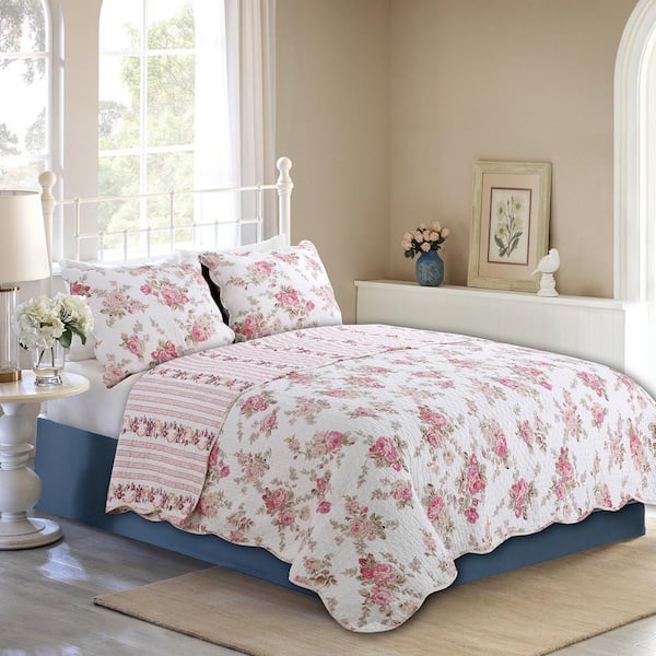 BEAUTIFUL CHIC COTTAGE SHABBY WHITE GREY PINK  LEAF FLORAL COZY QUILT SET NEW! 