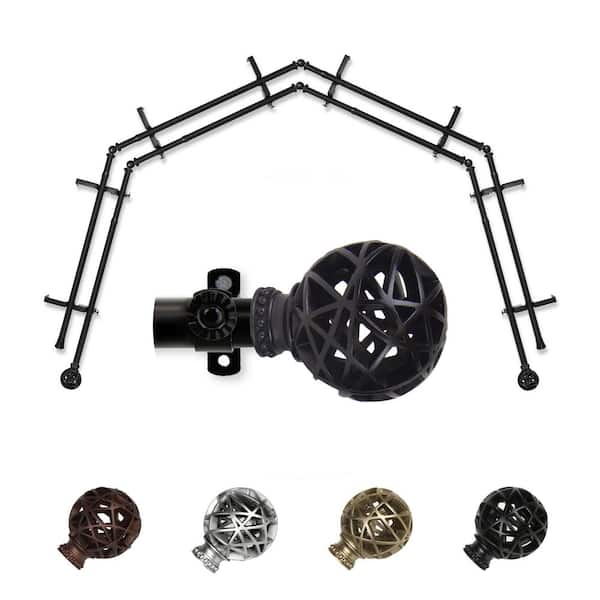 EMOH 13/16" Dia Adjustable 4-Sided Double Bay Window Curtain Rod 28 to 48" (each side) with London Finials in Black