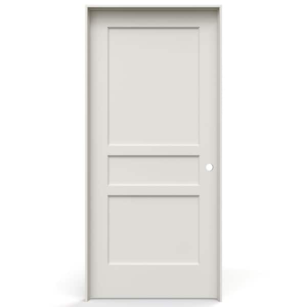 36 in. x 80 in. 3 Panel Flat Left-Handed Solid Core Primed Composite Single Prehung Interior Door w/ Satin Nickel Hinge
