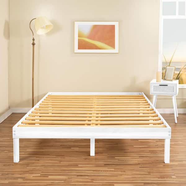 HOMESTOCK 14 in. White Full Solid Wood Platform Bed with Wooden Slats