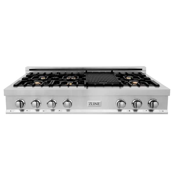 48 in. 7 Burner Front Control Gas Cooktop with Brass Burners in Stainless Steel with Griddle