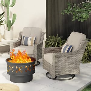 Eureka Gray 3-Piece Wicker Patio Conversation Swivel Chair Set with a Wood-Burning Fire Pit and Beige Cushions