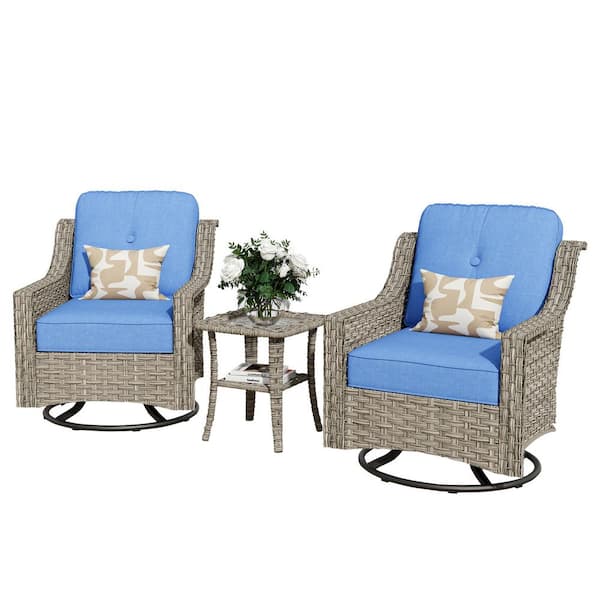 Eureka Grey 3-Piece Wicker Outdoor Patio Conversation Swivel Rocking Chair Seating Set with Blue Cushions