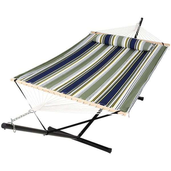 12 ft. Free Standing, 475 lbs. Capacity, Heavy-Duty 2-Person Hammock with Stand and Detachable Pillow in Blue and Aqua