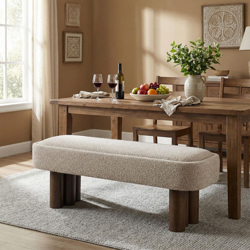 Shoko 51.57 in. Brown Fabric Dining Bench with Rubber Wood Legs, Seating for Kitchen and Living Space