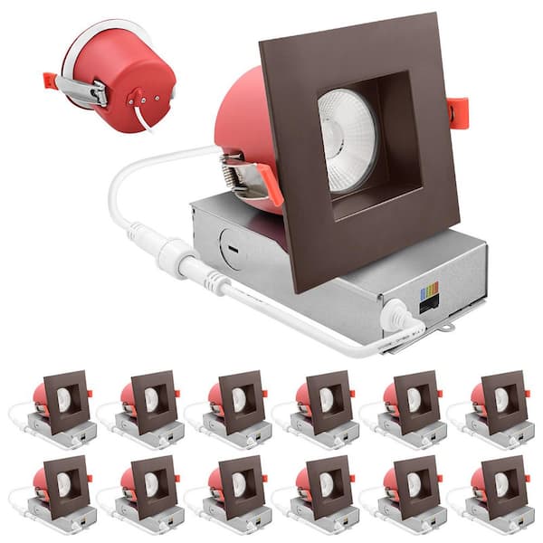 4 in.Square Integrated LED Recessed Light J-Box 5CCT 2Hour Fire Rated 15W 1000 Lumens 60° Dimmable Wet Rated Bronze 12PK