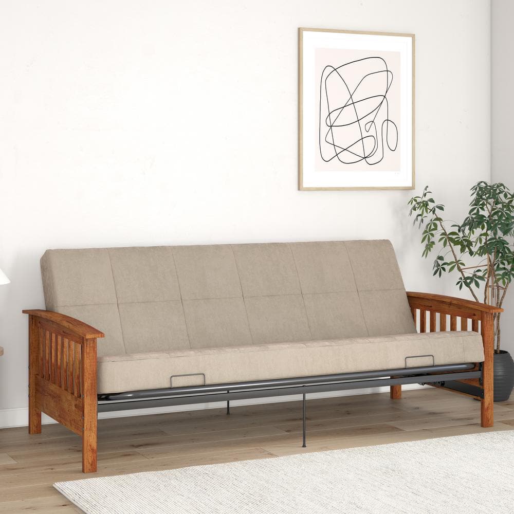 REALROOMS Elbi Full Size Wood Arm and Black Metal Futon Frame, Natural