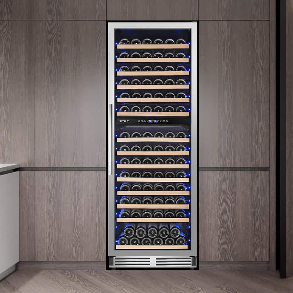 TITTLA 23.54 in Dual Zone Cellar Cooling Unit in Silver 154-Bottle Wine Refrigerator Cooler Removable Shelves Blue LEDs