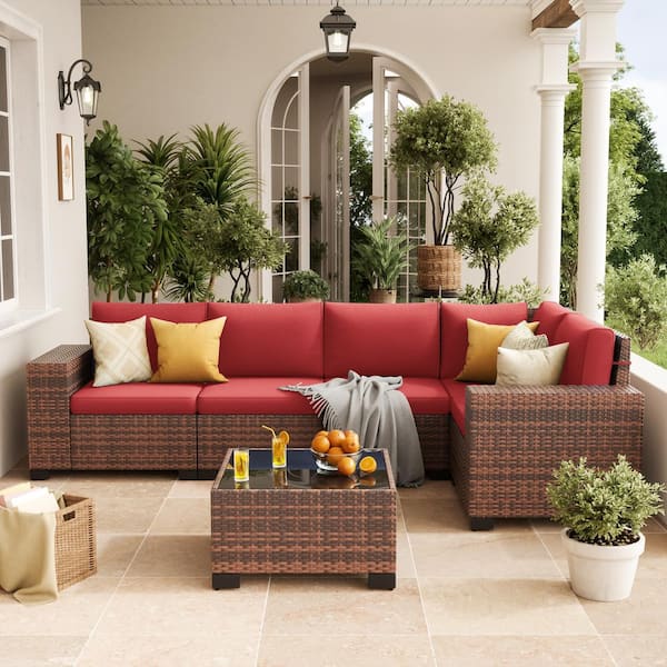Poteban 6-Pieces Brown Wicker Patio Conversation Set With Red Cushions