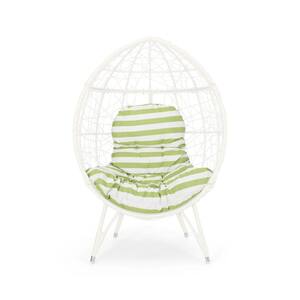 White Teardrop Wicker Outdoor Lounge Chair with Green Cushion