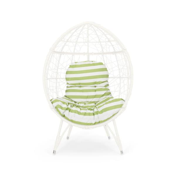 TIRAMISUBEST White Teardrop Wicker Outdoor Lounge Chair with Green Cushion