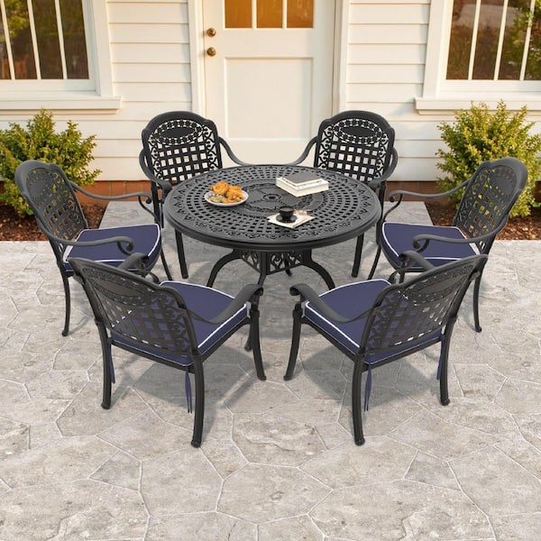 Isabella Black 7-Piece Cast Aluminum Outdoor Dining Set with Round Table and Dining Chairs and Blue Seat Cushion