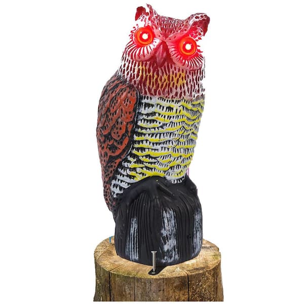 Fake Horned Owl Statue Solar Power with Motion Activated, Scary Sound Scare Birds Away for Outdoor/Garden