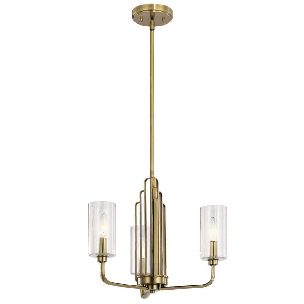 Art Deco Brushed Brass 3-Light Chandelier with Clear Fluted Shades