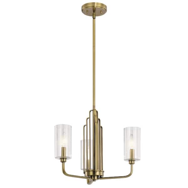 KICHLER Kimrose 18 in. 3-Lights Brushed Natural Brass Art Deco Candlestick Cylinder Chandelier for Dining Room