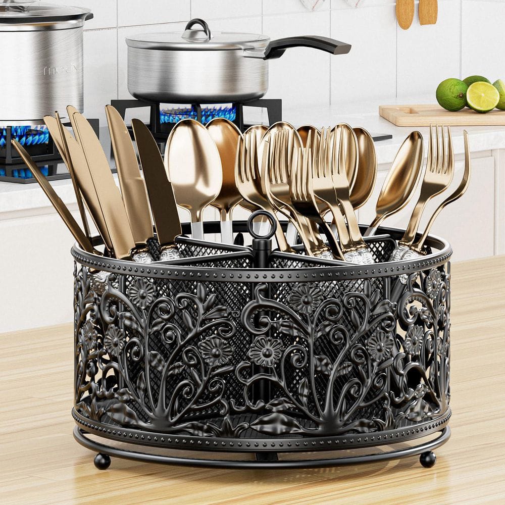 Wudkey Black Metal 360° Rotating Utensil Caddy Utensil Holders with 4 ...