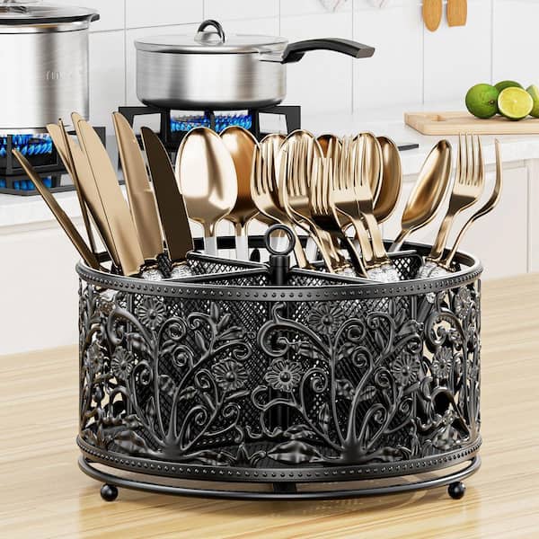 Black Metal 360° Rotating Utensil Caddy Utensil Holders with 4 Compartments Flatware Organizer for Kitchen Counter