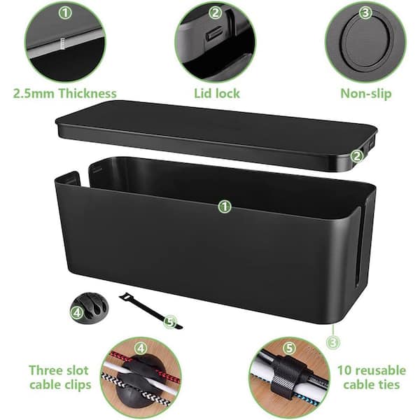 Cable Management Box 2 Pack With 16 Cable Clips Set-Large & Medium & Black