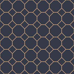 Bee Hive Design Navy/Gold Matte Finish Vinyl on Non-Woven Non-Pasted Wallpaper Roll