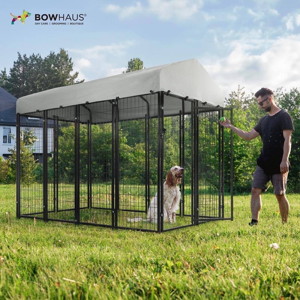 Large Black Metal Dog Kennel with Removable Grey Roof