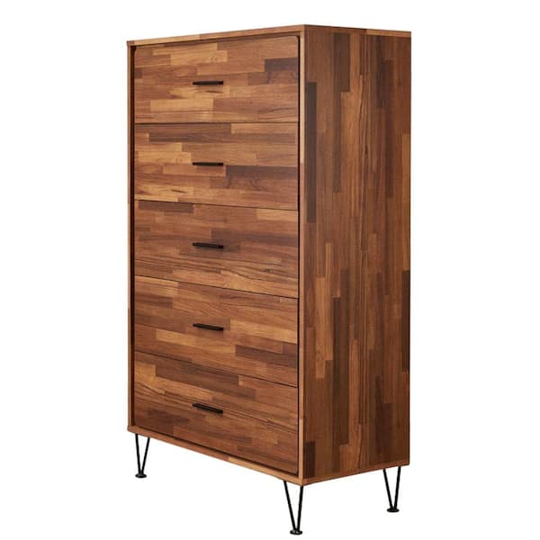 Benjara Enchanting 5-Drawer Walnut Brown Wooden Chest 32" L X 16" W X ...