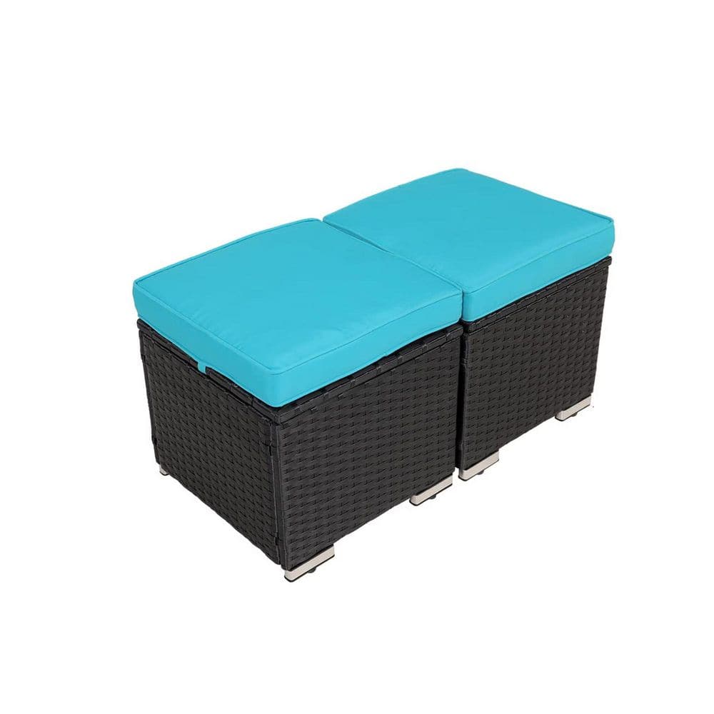 Black Wicker Outdoor Patio Ottoman with Blue Cushion (2-Pack)