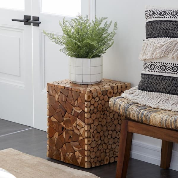 Litton Lane 14 in. Brown Handmade Medium Rectangle Wood End Table with Mosaic Wood Chip Design