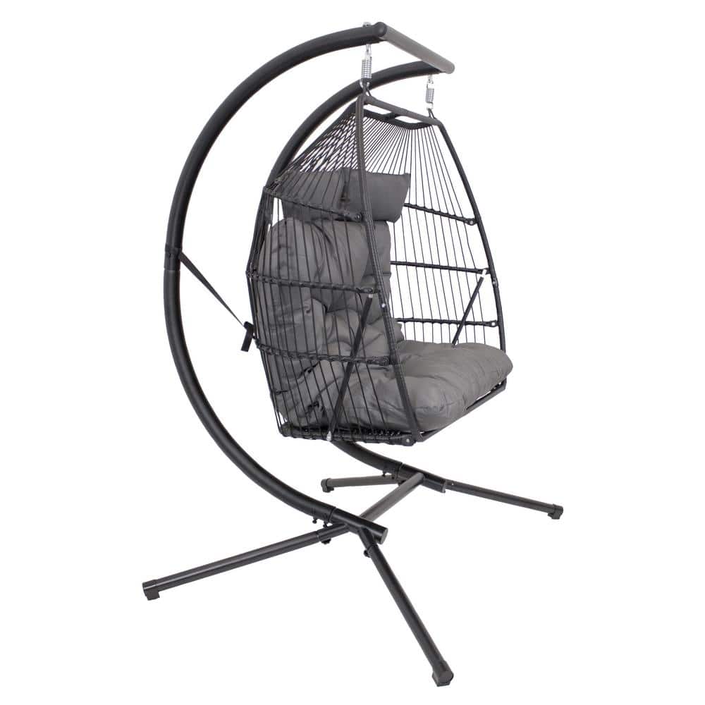 Dark Gray Double Egg Hanging Chair with Cushions and Steel Stand
