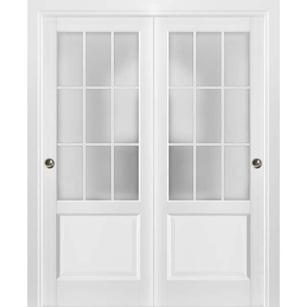 Sartodoors 3309 48 in. x 80 in. 3/4 Lite Frosted Glass Matte White Finished Solid Wood Sliding Barn Door with Hardware Kit