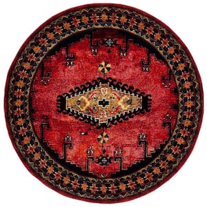 Vintage Hamadan Red/Black 7 ft. x 7 ft. Border Medallion Floral Round Area Rug