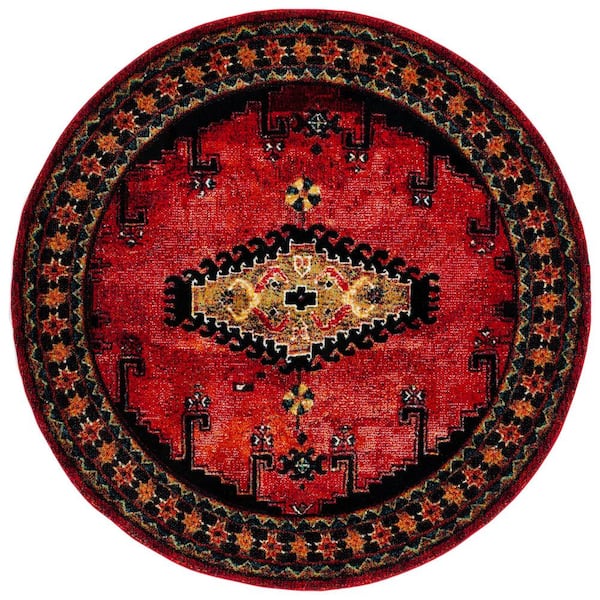 SAFAVIEH Vintage Hamadan Red/Black 7 ft. x 7 ft. Border Medallion Floral Round Area Rug