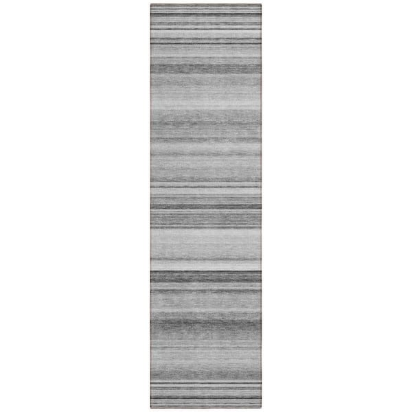 HomeRoots Gray 2 ft. x 8 ft. Woven Striped Polyester Runner Indoor/Outdoor Area Rug