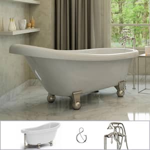 Brookdale 60 in. Acrylic Slipper Clawfoot Bathtub in White, Faucet, Cannonball Feet and Drain in Brushed Nickel
