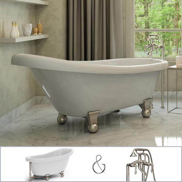 PELHAM & WHITE Brookdale 60 in. Acrylic Slipper Clawfoot Bathtub in White, Faucet, Cannonball Feet and Drain in Brushed Nickel