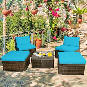 5-Piece Wicker Outdoor Sectional Set Patio Sofa Set Lounge Chair with Turquoise Cushions