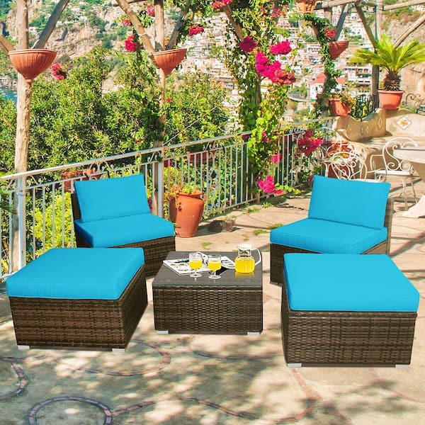 5-Piece Wicker Outdoor Sectional Set Patio Sofa Set Lounge Chair with Turquoise Cushions