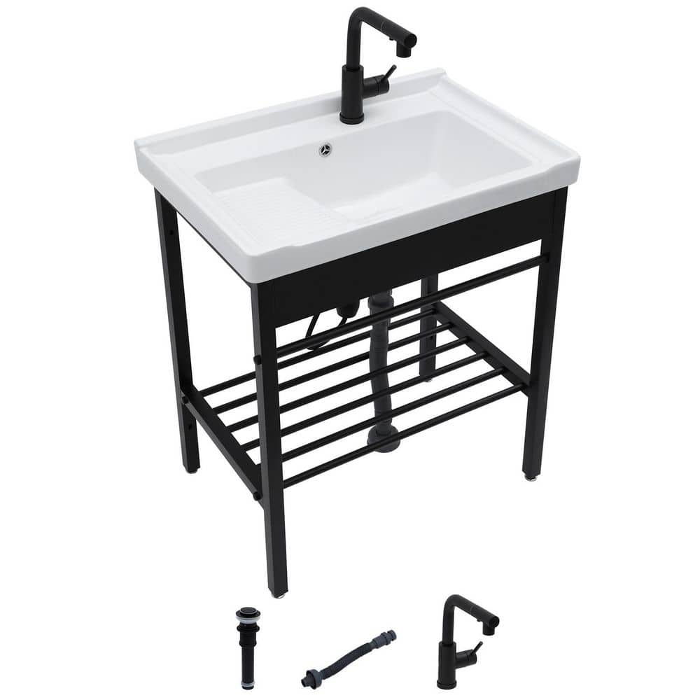 Logmey 28 in. Ceramic White Single Bowl Console Sink Washboard and ...