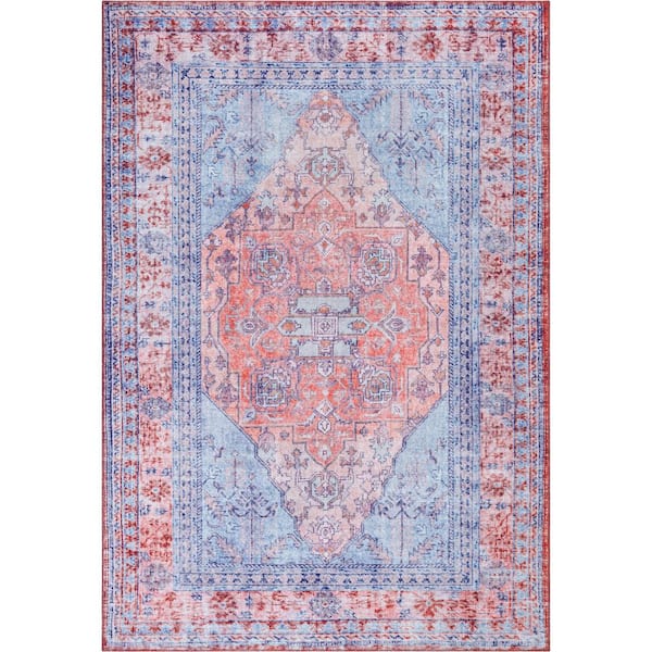 Well Woven Nile Gila Vintage Bohemian Medallion Botanical Border Blue Red 5 ft. x 7 ft. Machine Washable Flatweave Area Rug