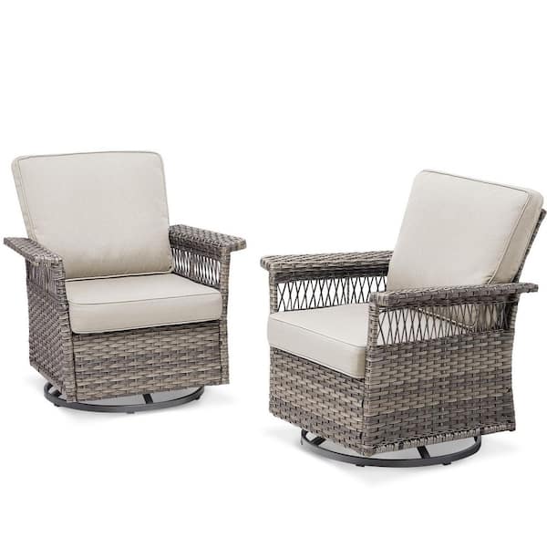 2-Piece Wicker Patio Conversation Swivel Chairs with Beige Cushions, Suitable for Indoor and Outdoor