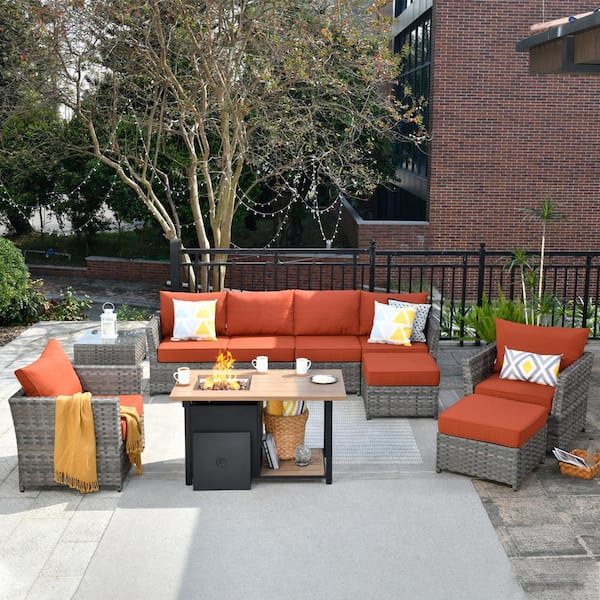 weaxty W Morag Gray 10-Piece Wicker Outerdoor Patio More Storage Space Fire Pit Sectional Seating Set with Orange Red Cushions