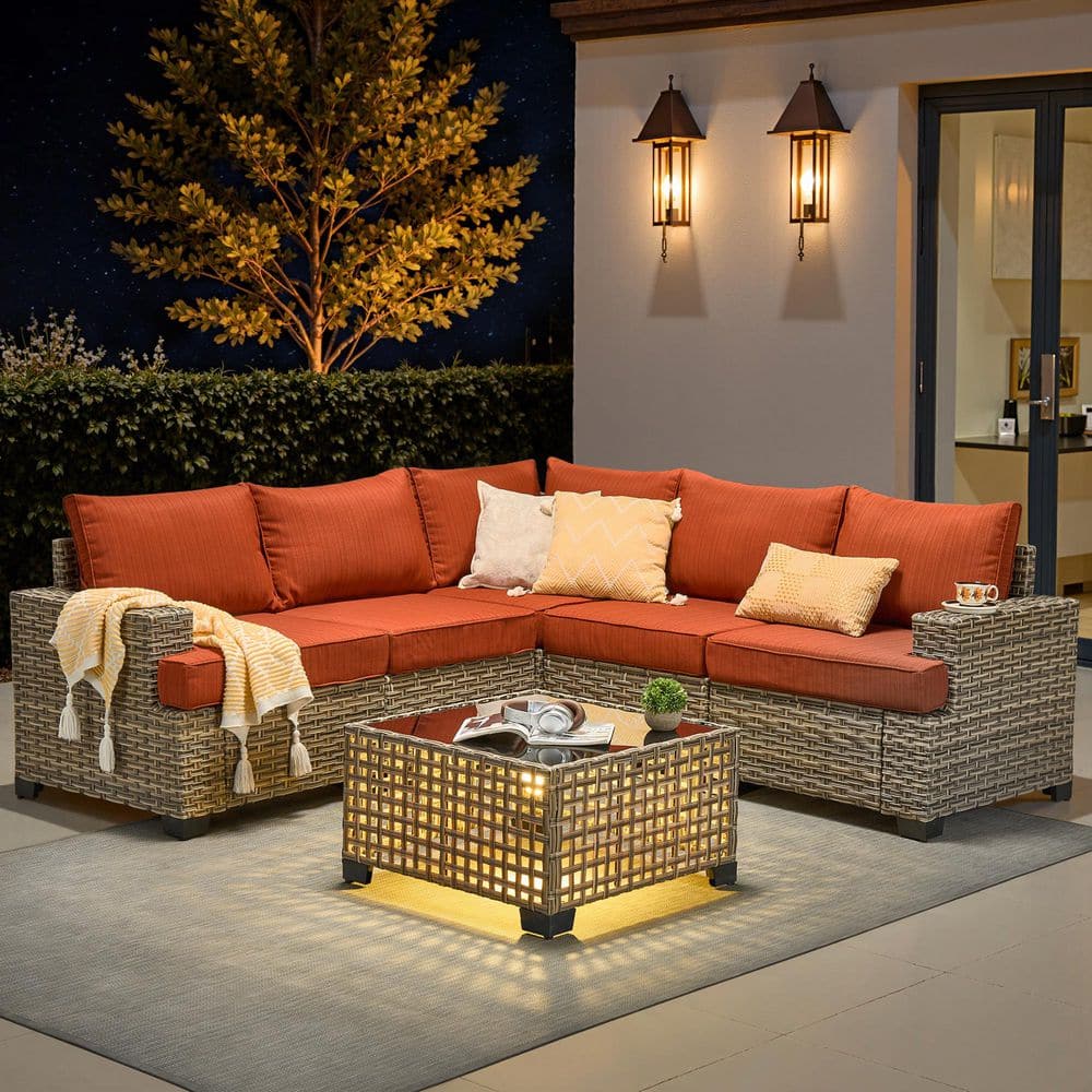 Ulrica 6-Piece Wicker Outdoor Sectional Set with Orange Red Cushions