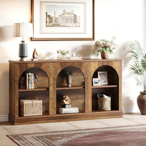 TRIBESIGNS WAY TO ORIGIN Benjamin 63 in. Long Rustic Brown Rectangle MDF Console Table with Storage Shelves, Narrow Sofa Table Entryway Table