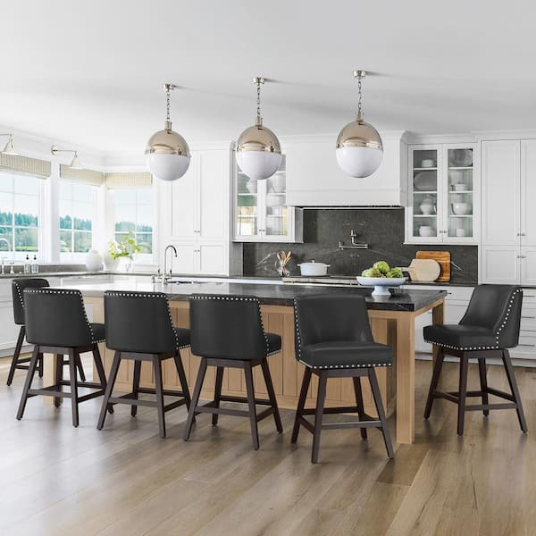 OrangeOne Hampton 26 in. Solid Wood Black Swivel Bar Stools with Back Faux Leather Upholstered Counter Bar Stool Set of 6