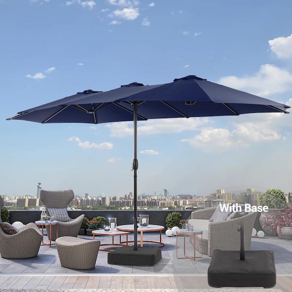 JOYESERY 15 ft. x 9 ft. Steel Frame Outdoor Double-Sided Patio Market Umbrella with Crank and Base in Navy Blue
