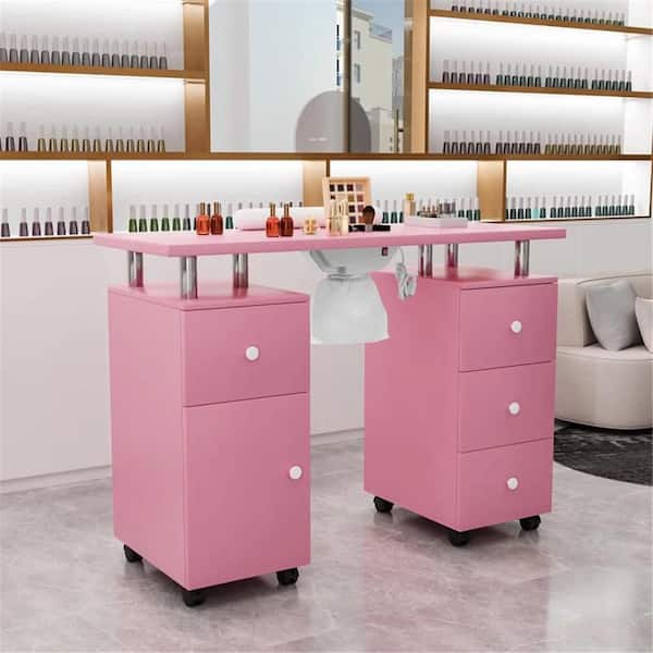 42.5 in. Rectangular Pink MDF 3-Drawer Manicure Table Nail Desk with Storage, Doors, Electric Dust Collector