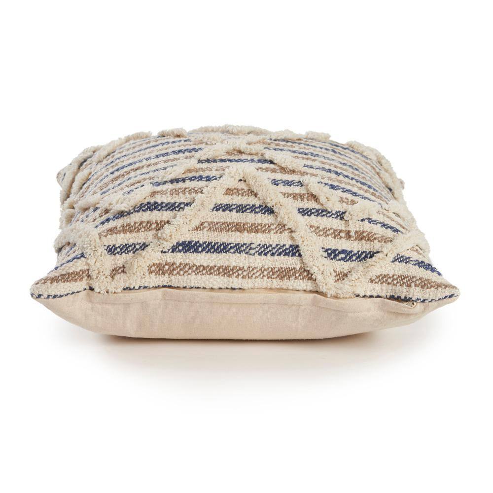 Ox Bay Textured Striped Blue and Beige Cotton Throw Pillow, 18" x 18"