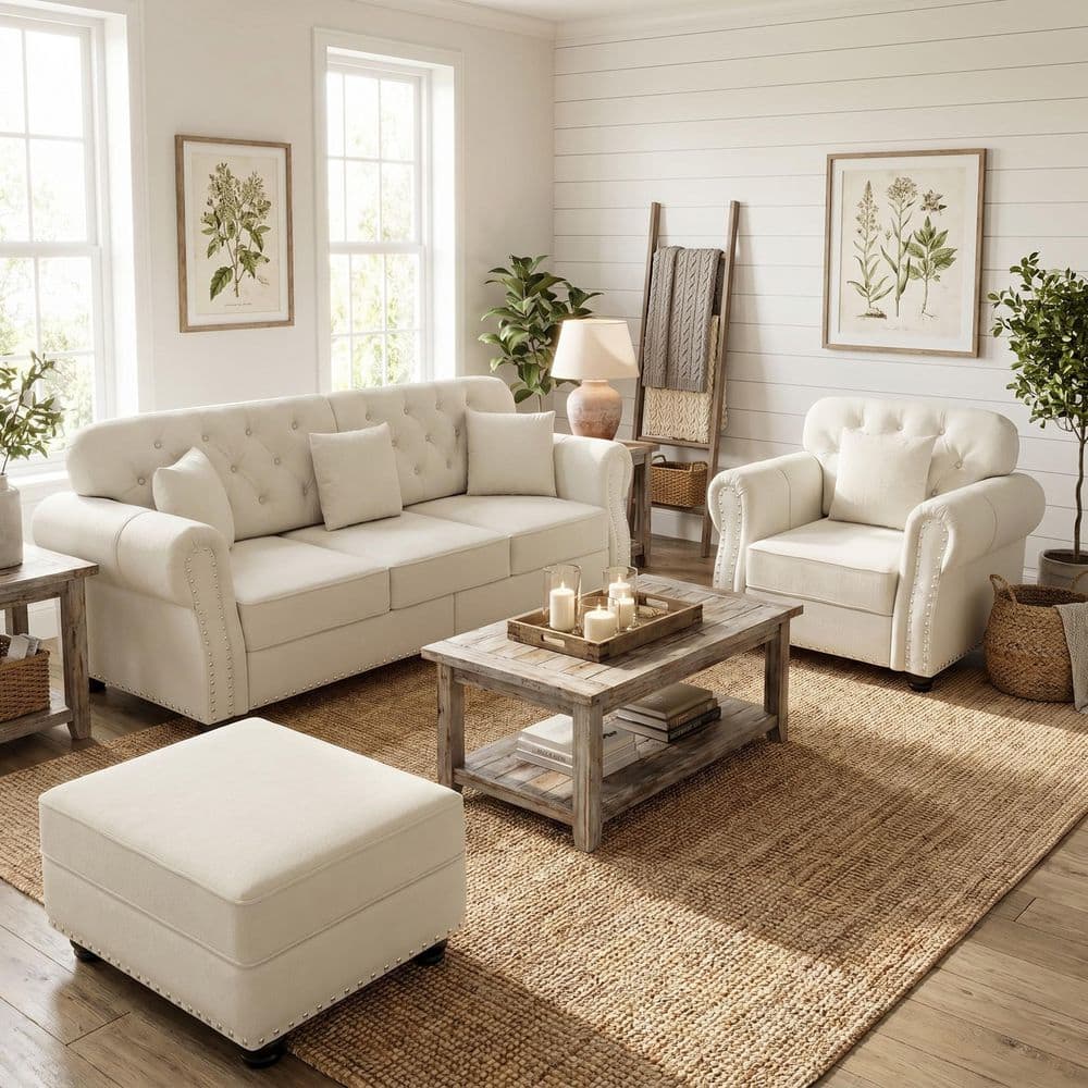 Camdany 4-Seater Velvet Sofa Set with Tufted Back, Nailhead Trim and Ottoman in Beige
