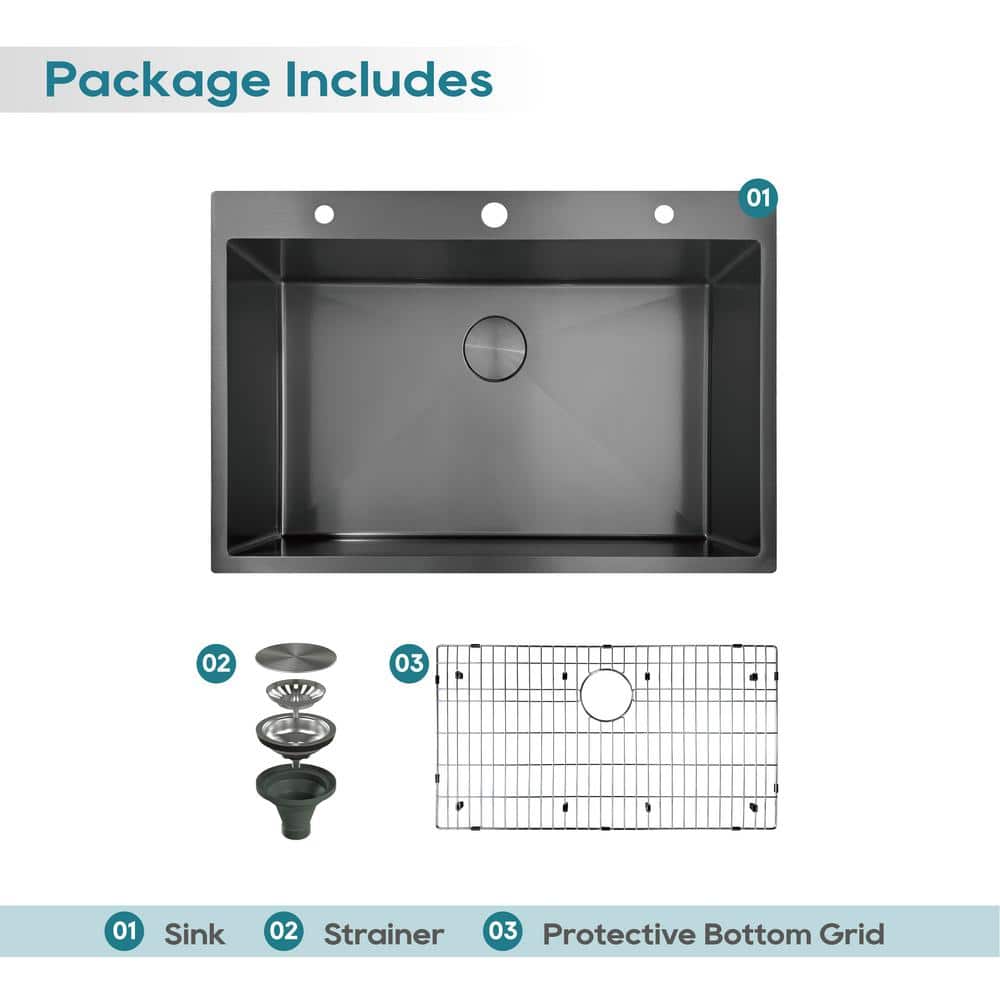 33" Gunmetal Black Stainless Steel Single Bowl Drop-In Kitchen Sink
